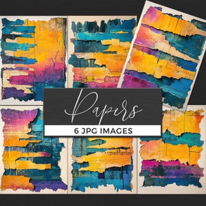 Heldere vintage papierstructuren, kleurrijke digitale achtergrond, INSTANT DOWNLOAD, gescheurd papier scrapbooking, ongewenste dagboekpagina&#39;s, grunge kleur