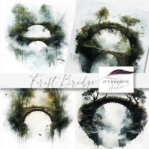 Overlay bosbruggen, afdrukbare tuinbrug, illustratieve achtergrond, natuurkunst downloaden, decor schilderachtige digitale kunst