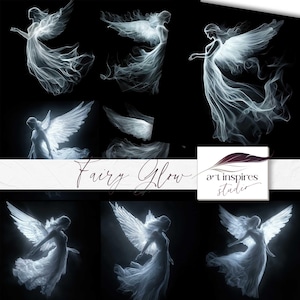 Silhouette d'ange mystique, ailes de fée brillantes, superposition d'esprit éthéré, femme céleste fantastique numérique, lumières sombres, texture de mauvaise humeur