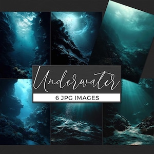 Op de afbeelding: Een verzameling van zes JPG-afbeeldingen met onderwater scènes. De afbeeldingen tonen diepblauw water, rotsformaties en zonlicht dat door het water schijnt. De tekst "Underwater" en "6 JPG IMAGES" wordt weergegeven op een zwarte achtergrond.
