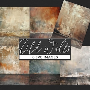 May include: A collection of six JPG images featuring textured wall backgrounds. The images showcase a variety of colors, including beige, brown, and gray, with a distressed, aged appearance. The text "Old Walls" and "6 JPG IMAGES" is displayed.