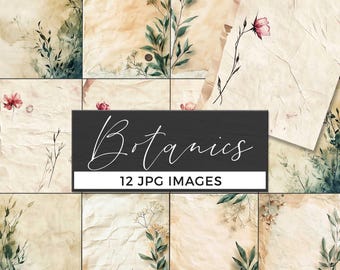 Vintage Botanical Digital Papers, Aesthetic Aged Paper Backgrounds, Antique Floral Scrapbook Paper, Watercolor Rustic Journal Pages PNG