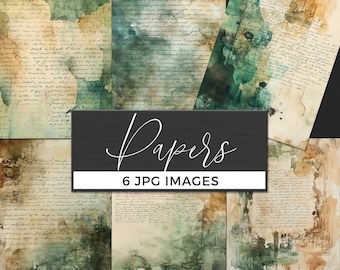 Vintage Letters and Papers Digital Download, Aged Paper Textures, Green Gold Ephemera Background, Old Handwritten JPG, Junk Journal Page