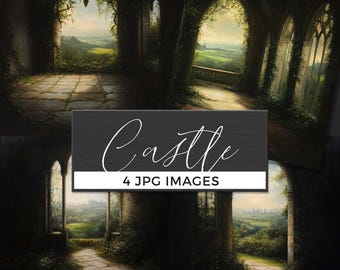 May include: Four digital art prints featuring castle interiors with arched windows and views of a green landscape. The prints have a dark, moody aesthetic with the word "Castle" and "4 JPG IMAGES" in white text.