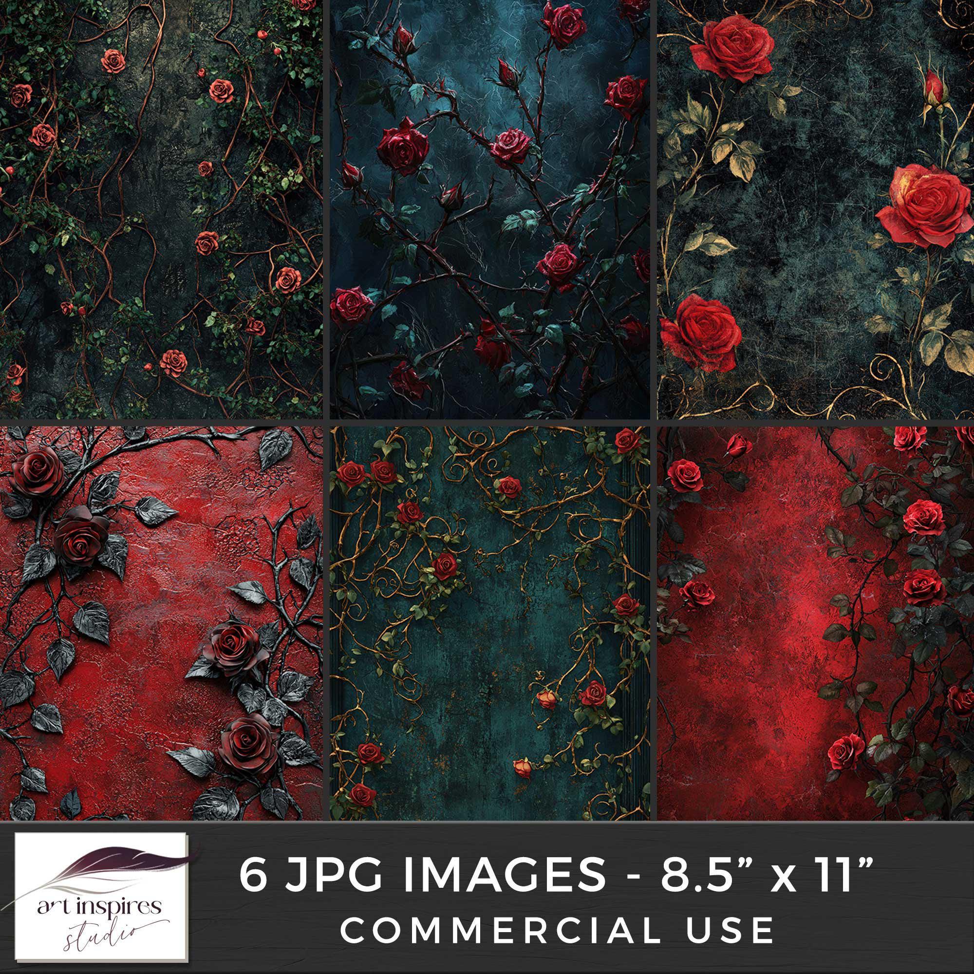 Dark Gothic Red Rose Digital Background, Elegant Black Thorn Floral ...