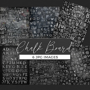 May include: A collection of six JPG images featuring chalkboard designs. Each image has a black background with white handwritten letters, numbers, and symbols. The text "Chalk Board" and "6 JPG IMAGES" are also displayed.
