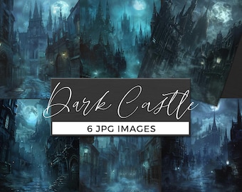 May include: Six digital art prints showcasing a dark castle scene. The images portray a gothic cityscape with a full moon, cobbled streets, and illuminated buildings. The text "Dark Castle" and "6 JPG IMAGES" are visible.