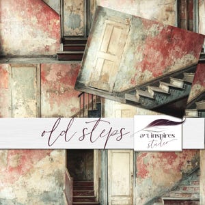 Fondo de arte digital de escaleras antiguas, DESCARGAR, Fondo de escaleras vintage, Habitación grunge, Páginas de casas abandonadas, Paredes rústicas pintadas de rojo, CU, PU