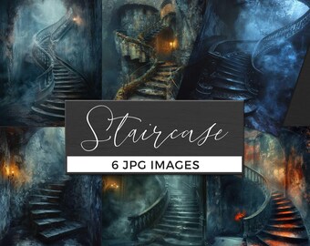 May include: Six digital images showcasing spiral staircases in a dark, atmospheric setting. The images have a moody, fantasy aesthetic with stone steps, dim lighting, and a touch of fog. The text "Staircase" and "6 JPG IMAGES" are displayed.