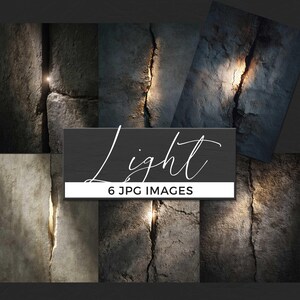 May include: A collection of six JPG images featuring textured stone walls with cracks, illuminated by a soft light. A dark gray rectangular graphic with the word "Light" in white script and the text "6 JPG IMAGES" is centered.