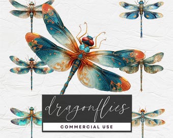Fantasy Dragonflies Clipart, 8 PNG 300DPI Images, Colorful Ornate Insect Illustrations for Creative & Printable Designs
