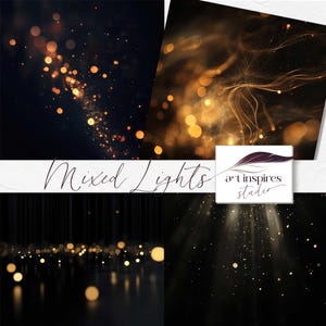 May include: A collection of four images featuring bokeh effects and light streaks in shades of gold and amber against a dark background. The text "Mixed Lights" is displayed in a cursive font. The "art inspires studio" logo is also visible.