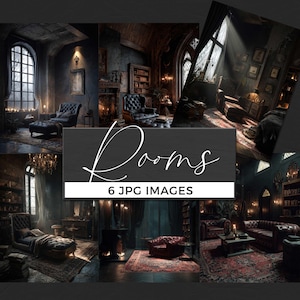 May include: A collection of six digital images showcasing gothic-style rooms. Each image features dark, moody interiors with antique furniture, ornate details, and dramatic lighting. The text "Rooms" and "6 JPG IMAGES" are displayed.