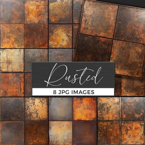 May include: A collection of eight JPG images featuring a rustic, weathered tile design. The tiles are square and arranged in a grid, with varying shades of brown, orange, and gold. The text "Dusted" and "8 JPG IMAGES" are displayed on a black background.