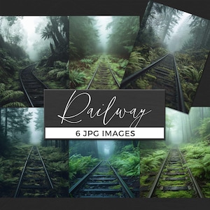 以下が含まれることがあります： 緑豊かな森の中を走る鉄道の線路が写った6枚のJPG画像。霧がかかった、雰囲気のある画像です。「Railway」と「6 JPG IMAGES」の文字が暗い背景に表示されています。