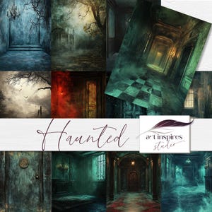 Escena digital de habitación abandonada embrujada, fondo de casa gótica oscura, pasillo grunge espeluznante, fondo de terror espeluznante, papel de diario basura espeluznante