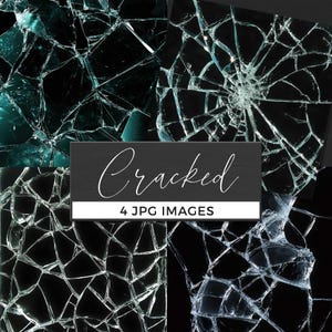 May include: Four images of cracked glass with a dark background. The glass is shattered into many pieces, creating a web-like pattern. A rectangular sign with the word "Cracked" and "4 JPG IMAGES" is in the center.