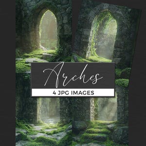 Fondo digital: Arco de jardín oculto, fondo de ruinas cubiertas de vegetación, escena de parque encantado, arco de piedra místico, ruinas de bosque de fantasía