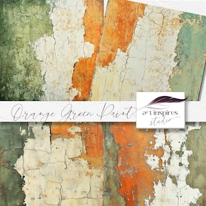 Groen oranje gebarsten verftextuur, oude muur achtergrond, verweerd vintage oppervlak, rustieke grunge muren, verweerde abstracte afdrukbare