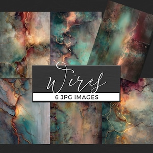 Peut inclure: Six images JPG présentant de l'art abstrait avec un aspect texturé et marbré. La palette de couleurs comprend du sarcelle, de la rouille et de l'or, avec une bannière gris foncé affichant le mot "Wire" et "6 JPG IMAGES".