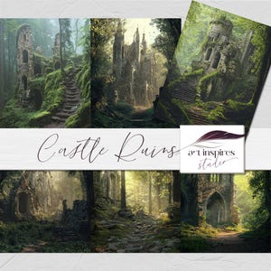 Fondo digital de ruinas de castillo, fondo de ruinas medievales de fantasía, escena de bosque brumoso místico, castillo encantado cubierto de vegetación, arte de fantasía oscura