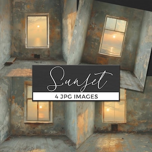 May include: Four digital images of a room with a window overlooking a sunset. The walls are aged with peeling paint, and the floorboards are weathered. The text "Sunset" and "4 JPG IMAGES" are displayed on a black rectangle.