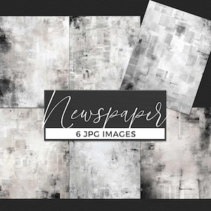 May include: A collection of six JPG images with a newspaper theme. The images feature a grayscale color palette with abstract textures and visible newspaper print details. The word "Newspaper" is written in a cursive font on a black background, along with the text "6 JPG IMAGES".