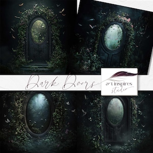 Gothic Gartentür, von der Natur inspirierte dunkle Seite, Reben und Blumen, magischer Gartenmauer Hintergrund, gotische digitale Kunst, dunkler Wald im Hintergrund