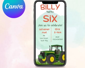 DIY Digital Tractor Party Invitation Canva Template | Electronic Birthday Invite | Mobile Phone Text Party Email SMS Evite