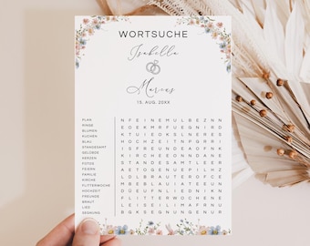 Editable Wedding Word Search Game, Minimalist Printable Wedding Game, Floral Canva Game Template | HS02