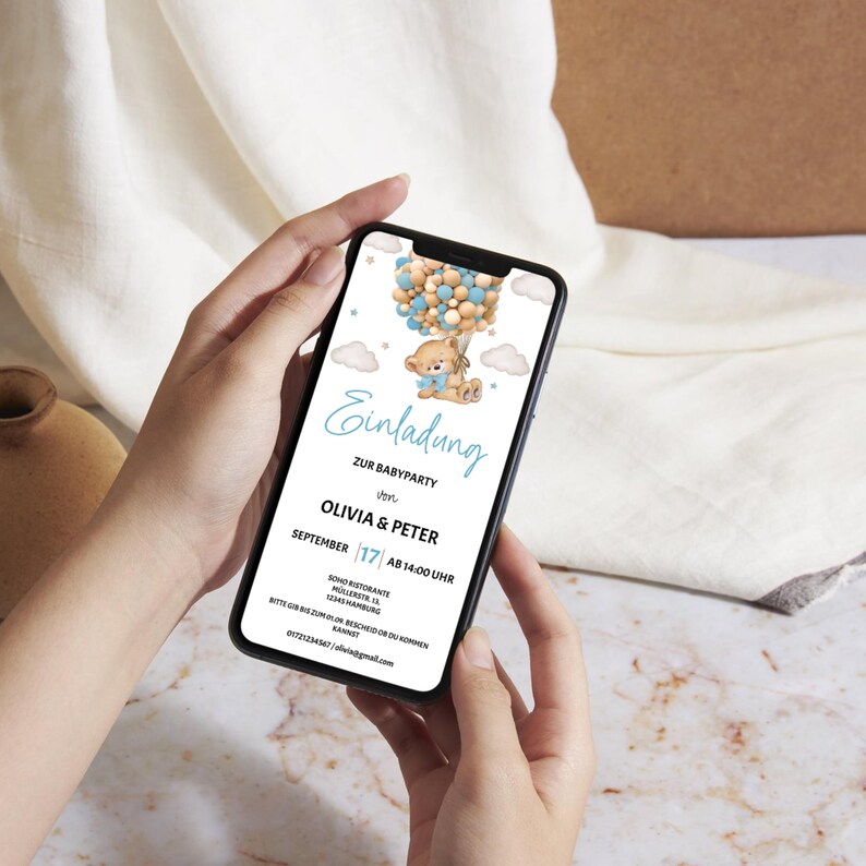 Baby Shower Invitation Template to Edit, Digital Invitation Baby Shower Boy Girl, Teddy Bear Baby Shower WhatsApp Template, BBS05 image 10