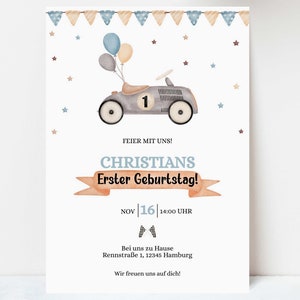 Vintage racewagen sjabloon, auto verjaardagsuitnodiging sjabloon voor afdrukken, leeftijden 1-9, aanpasbare sjabloon, Whatsapp, Corjl, GBE53