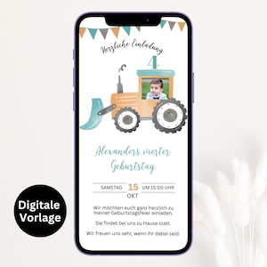 Invito di compleanno per bambini, invito alla nascita del trattore con foto per ragazzi, modello digitale Canva WhatsApp, GBE21