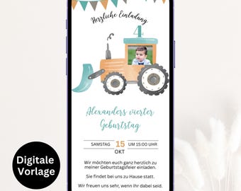 Children's birthday invitation, tractor birth invitation with photo for boys, digital Canva template WhatsApp, GBE21