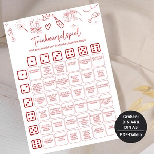 May include: A white printed game sheet with red text and dice illustrations. The sheet is titled "Trinkwürfelspiel" and includes rules for a drinking game. The sheet is available in DIN A4 and A5 sizes as PDF files.