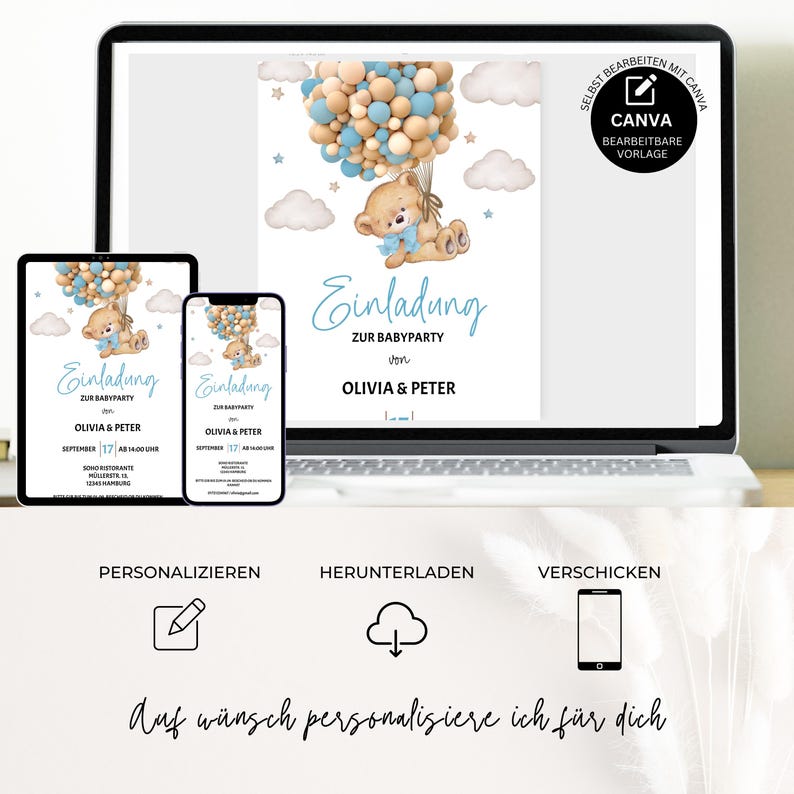 Baby Shower Invitation Template to Edit, Digital Invitation Baby Shower Boy Girl, Teddy Bear Baby Shower WhatsApp Template, BBS05 image 7