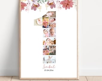 First Birthday Poster, Poster Template with Pictures, Printable Gift for 1st Birthday Editable, Personalized Decoration