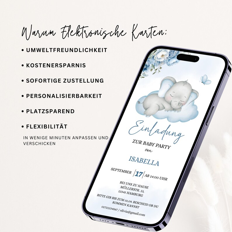 Baby Shower Invitation Template to Edit, Digital Invitation Baby Shower Boy, Elephant Flowers Baby Shower WhatsApp Template, BBS23 image 4