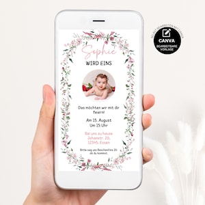 Invito di compleanno per bambini, invito di compleanno digitale, invito con fiori di campo rosa, compleanno per bambini, Canva