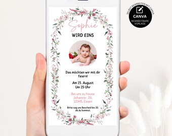 Birthday invitation for children, digital birthday invitation, pink wildflower invitation, children's birthday, Canva