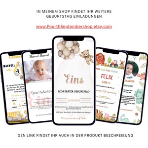 May include: Four printable birthday invitations for a boy's first birthday. Each invitation features a different design with a cute animal theme. The invitations are designed to be printed on a smartphone.
