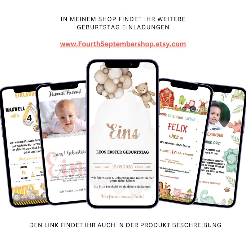 May include: Four printable birthday invitations for a boy's first birthday. Each invitation features a different design with a cute animal theme. The invitations are designed to be printed on a smartphone.