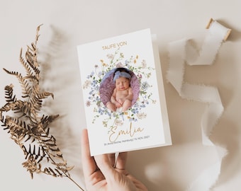 Wildflowers church service booklet with photo to print, flower program design yourself, baptism booklet program digital template A5, TF24