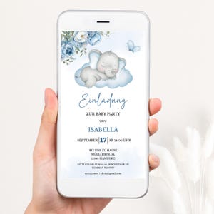 Plantilla de invitación para baby shower editable, invitación digital para baby shower de niño, plantilla de WhatsApp para baby shower con flores de elefante, BBS23