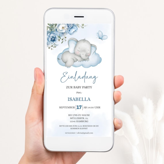 BabyParty Einladung Vorlage zum Bearbeiten, Digital Einladung Baby shower Junge, Elefant Blumen Babyparty WhatsApp Vorlage, BBS23