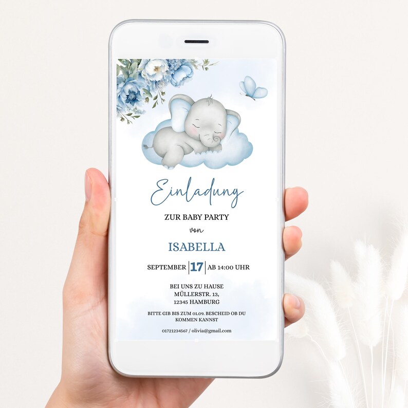 Baby Shower Invitation Template to Edit, Digital Invitation Baby Shower Boy, Elephant Flowers Baby Shower WhatsApp Template, BBS23 image 1