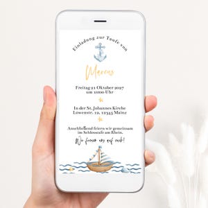 Invitation de baptême personnalisable, invitation de baptême numérique, modèle modifiable, invitation de baptême en bateau, modèle d'invitation WhatsApp, TF01
