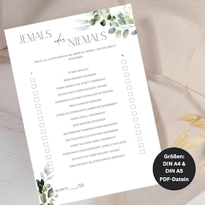 Könnte beinhalten: Eine druckbare Spielkarte mit dem Titel "Jemals oder Niemals" und einer Liste von Fragen, die mit "Ja" oder "Nein" zu beantworten sind. Die Karte ist mit grünen Blättern verziert und hat einen Bereich für die Punktevergabe.