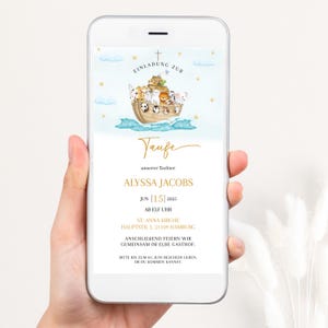 Invito al Battesimo dell'Arca di Noè digitale, invito al battesimo digitale per bambini e bambine, fai da te, invito al battesimo tramite WhatsApp, TF04
