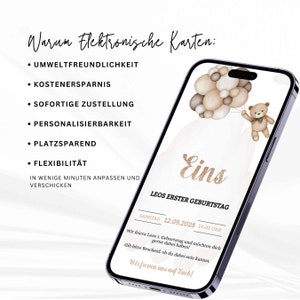 May include: A digital invitation for a first birthday party. The invitation features a cartoon teddy bear holding balloons and the text "Eins" in gold glitter lettering. The text "Leo's First Birthday" is also included, along with the date and time of the party.